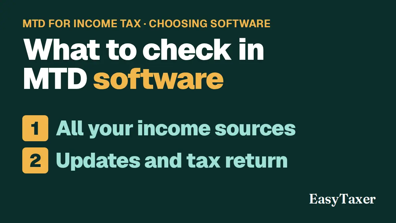 A still from the video: a dark green title slide labelled MTD for Income Tax, Choosing software, listing two numbered steps, All your income sources and Updates and tax return, with the EasyTaxer logo in the corner, under the title What to check in MTD software.