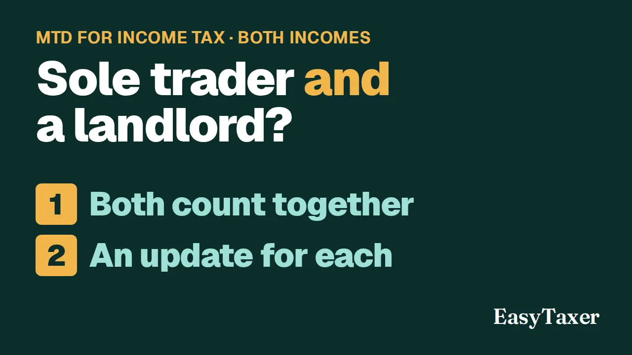 A still from the video: a dark green title slide labelled MTD for Income Tax, Both incomes, listing two numbered steps, Both count together and An update for each, with the EasyTaxer logo in the corner, under the title Sole trader and a landlord?