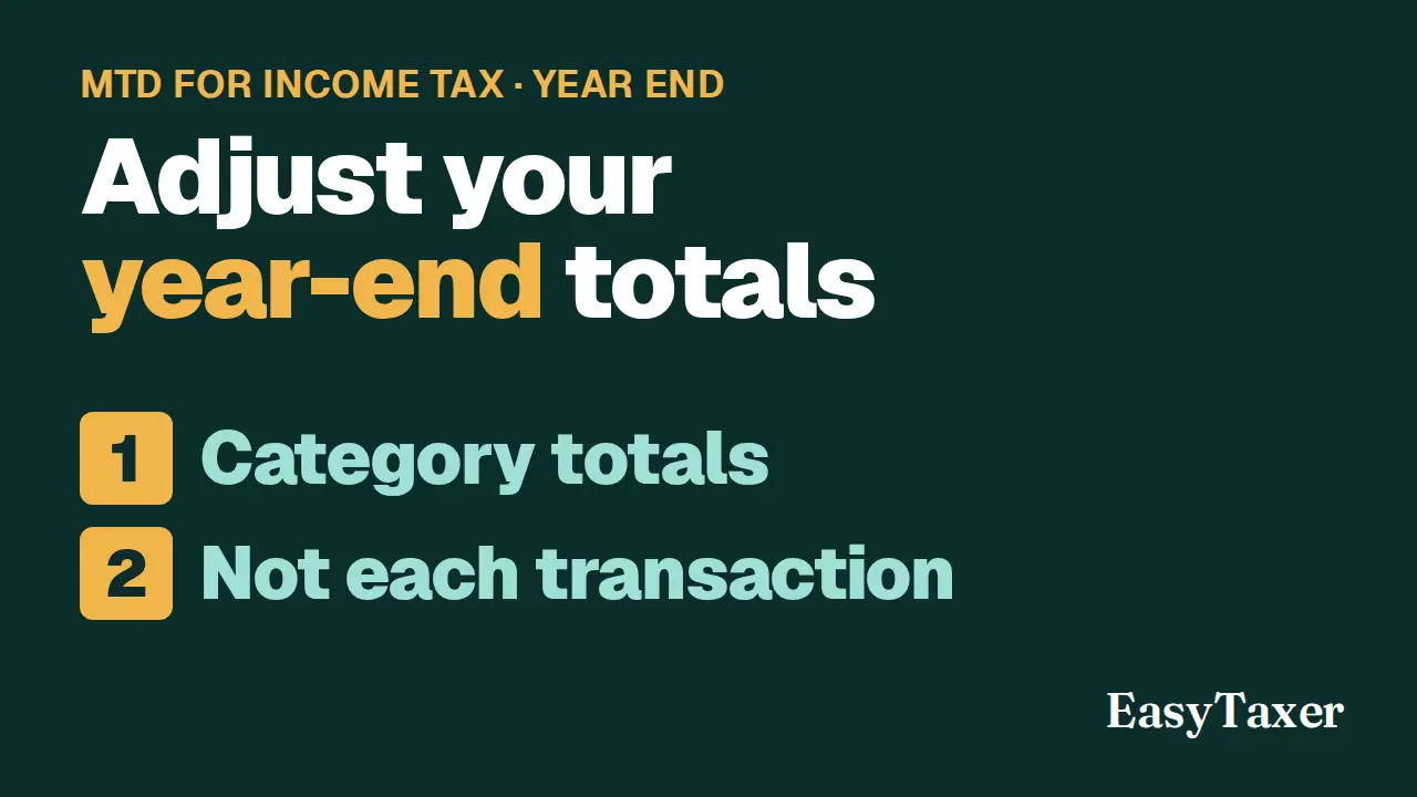 A still from the video: a dark green title slide labelled MTD for Income Tax, Year end, listing two numbered steps, Category totals and Not each transaction, with the EasyTaxer logo in the corner, under the title Adjust your year-end totals.