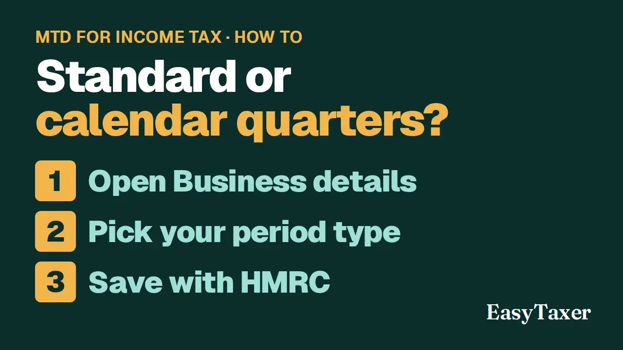 A still from the video: a dark green title slide labelled MTD for Income Tax, How to, listing three numbered steps, Open Business details, Pick your period type, and Save with HMRC, with the EasyTaxer logo in the corner, under the title Standard or calendar quarters?