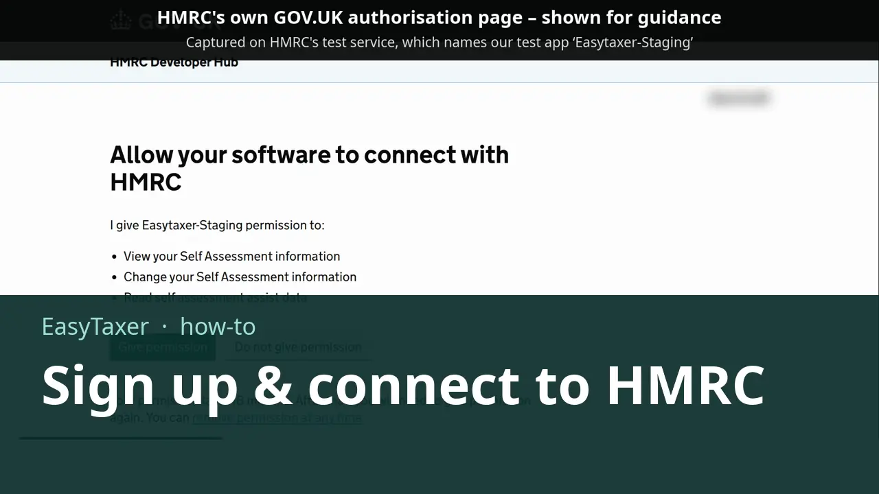A still from the video: HMRC's own page asking you to allow your software to connect with HMRC, listing the permissions to view and change your Self Assessment information, under the title Sign up and connect to HMRC.
