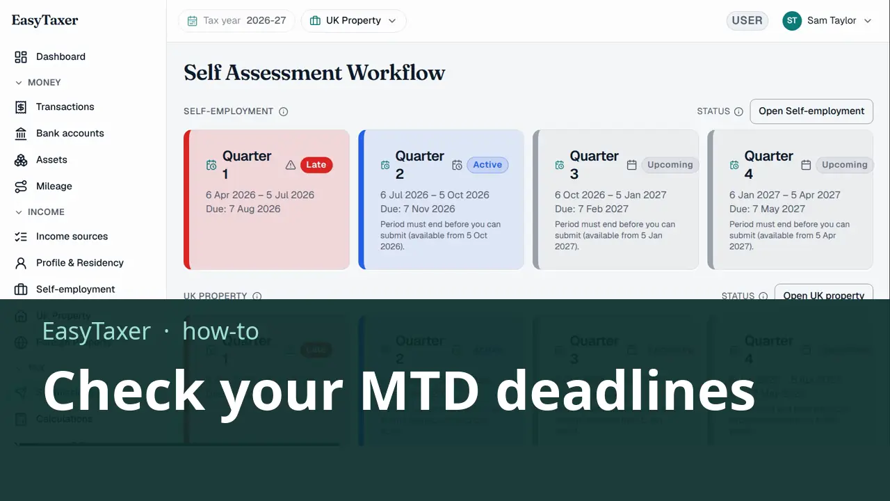 A still from the video: the EasyTaxer Submissions page with four quarters for each business, each showing its period, its due date and whether it is late, active or upcoming, under the title Check your MTD deadlines.