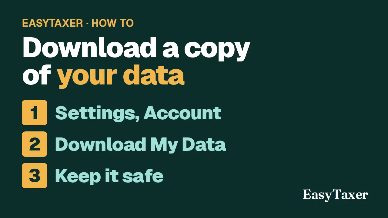 A still from the video: a dark green title slide labelled EasyTaxer, How to, listing three numbered steps, Settings, Account, Download My Data, and Keep it safe, with the EasyTaxer logo in the corner, under the title Download a copy of your data.