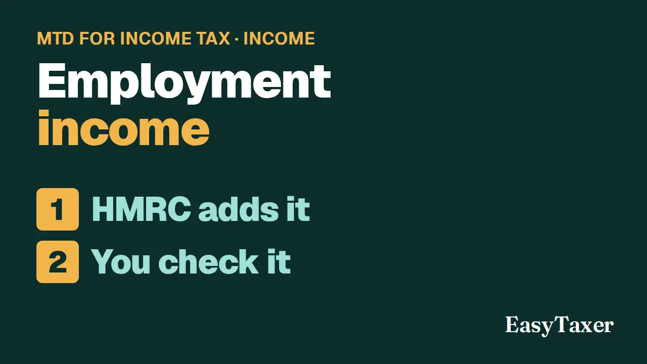 A still from the video: a dark green title slide labelled MTD for Income Tax, Income, listing two numbered steps, HMRC adds it and You check it, with the EasyTaxer logo in the corner, under the title Employment income.