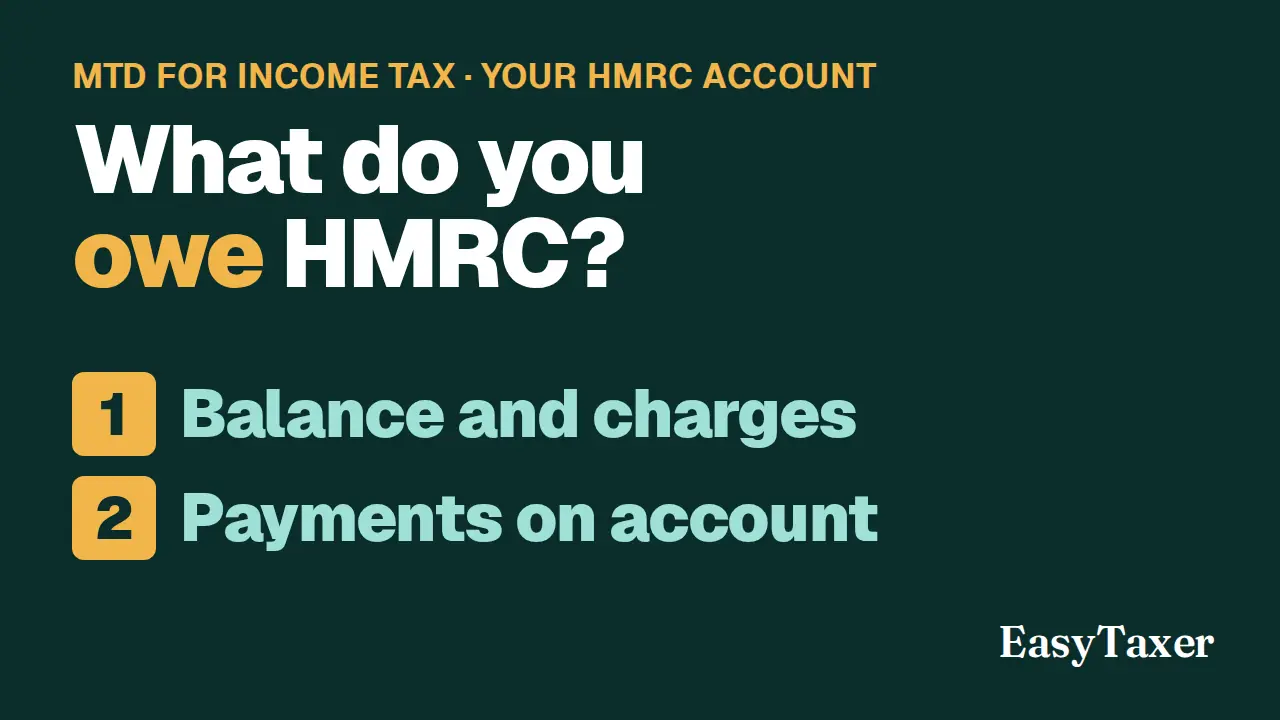 A still from the video: a dark green title slide labelled MTD for Income Tax, Your HMRC account, listing two numbered steps, Balance and charges and Payments on account, with the EasyTaxer logo in the corner, under the title What do you owe HMRC?