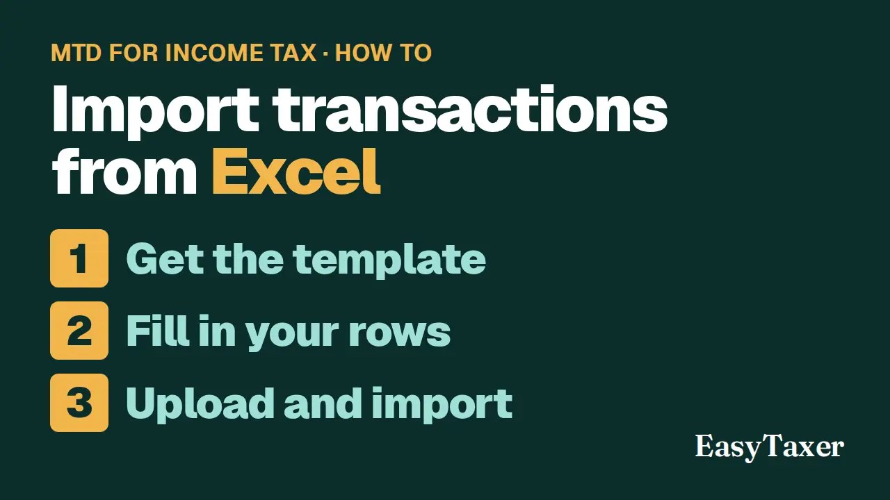 A still from the video: a dark green title slide labelled MTD for Income Tax, How to, listing three numbered steps, Get the template, Fill in your rows, and Upload and import, with the EasyTaxer logo in the corner, under the title Import transactions from Excel.