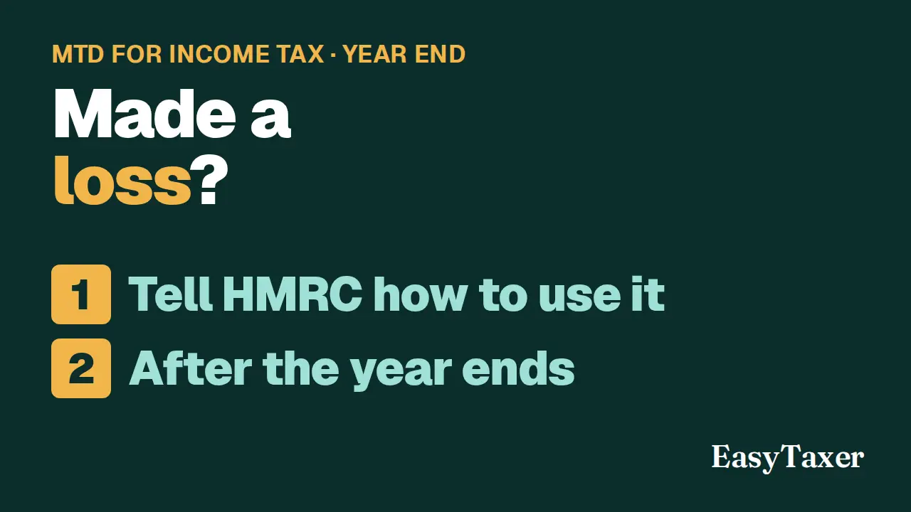A still from the video: a dark green title slide labelled MTD for Income Tax, Year end, listing two numbered steps, Tell HMRC how to use it and After the year ends, with the EasyTaxer logo in the corner, under the title Made a loss?