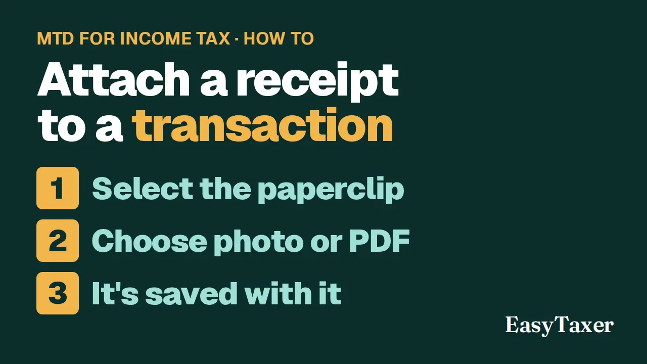A still from the video: a dark green title slide labelled MTD for Income Tax, How to, listing three numbered steps, Select the paperclip, Choose photo or PDF, and It's saved with it, with the EasyTaxer logo in the corner, under the title Attach a receipt to a transaction.