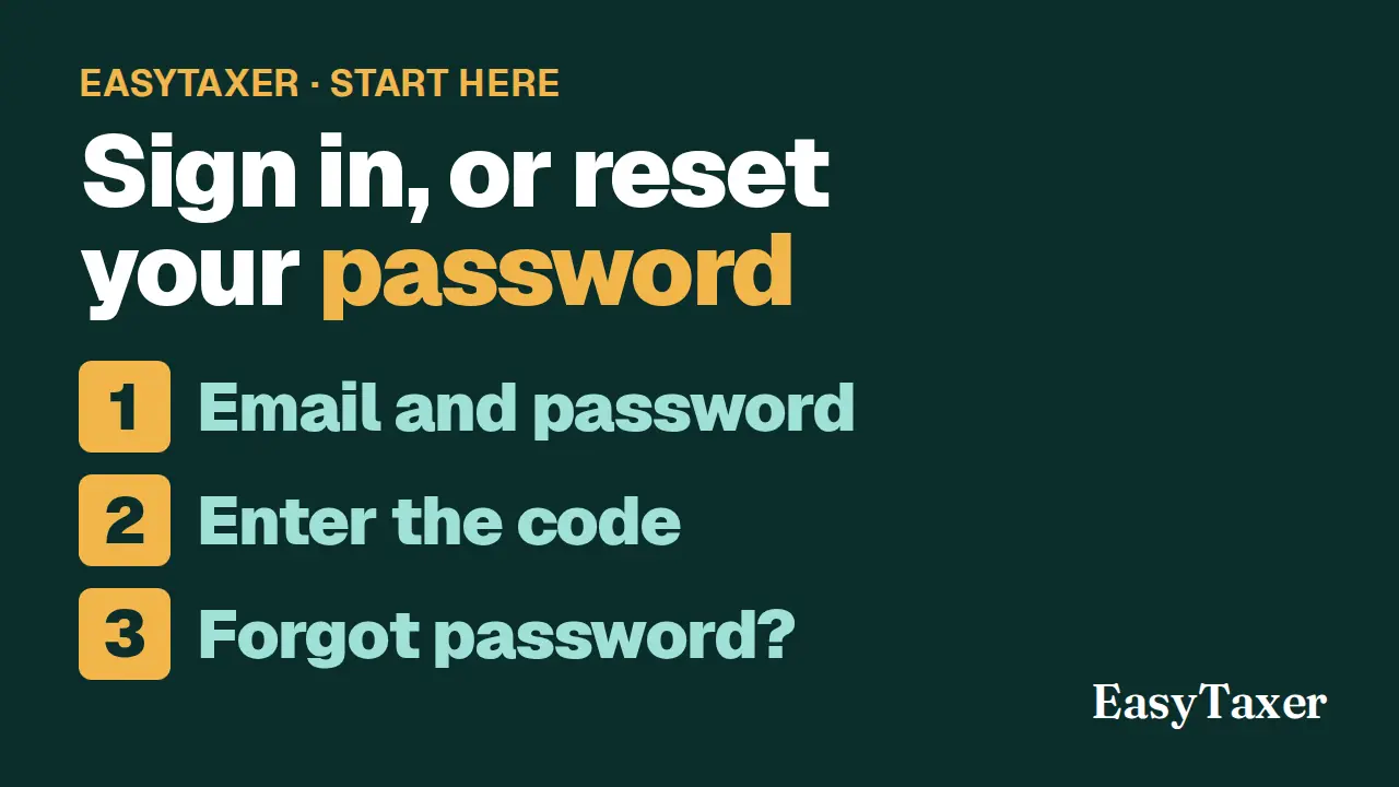A still from the video: a dark green title slide labelled EasyTaxer, Start here, listing three numbered steps, Email and password, Enter the code, and Forgot password?, with the EasyTaxer logo in the corner, under the title Sign in, or reset your password.